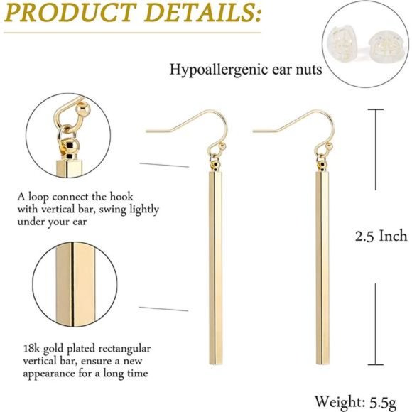 Gold Vertical Bar Dangle Earrings - Geometric Minimalist Jewelry - Picture 5 of 6